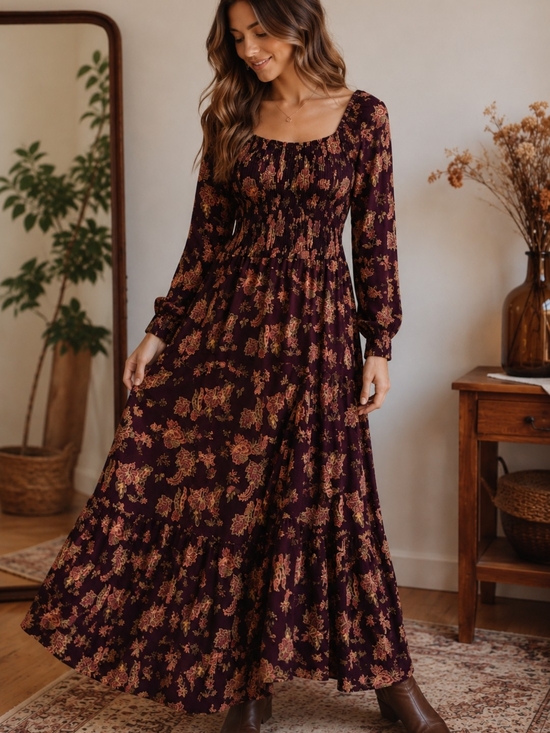 Wonderly Dresses & Skirts - Wonderly Floral Smocked Maxi Dress Large Plum Boho Peasant Tiered Hem EUC